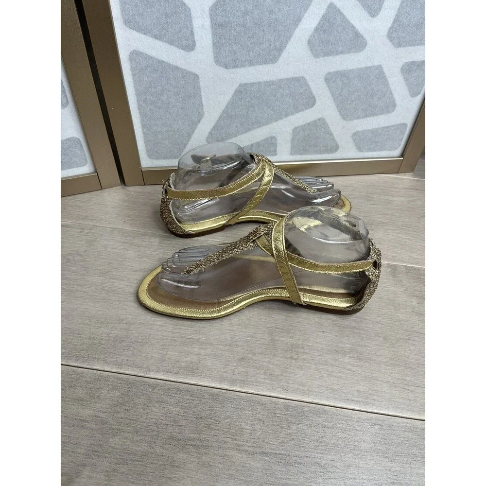 Sperry Top-Sider Women Summerlin Glitter T-Strap Sandals Gold Leather Flat 7 M